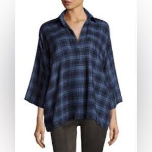 VINCE Women’s Oversized Plaid Cotton Blouse Tunic size S Coastal Blue V-Neck